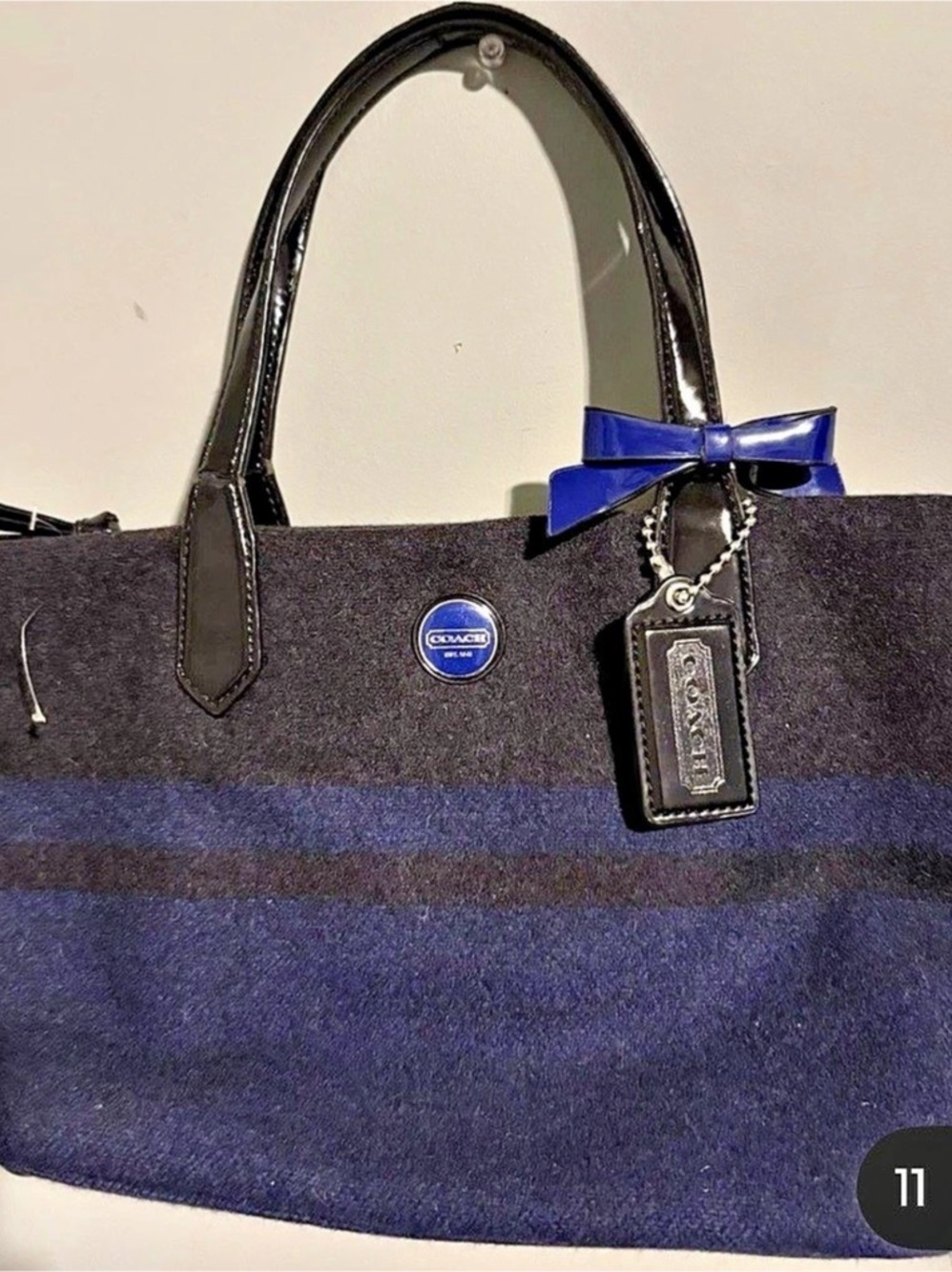 COACH Signature Stripe Wool Satchel Tote in Blue & Black